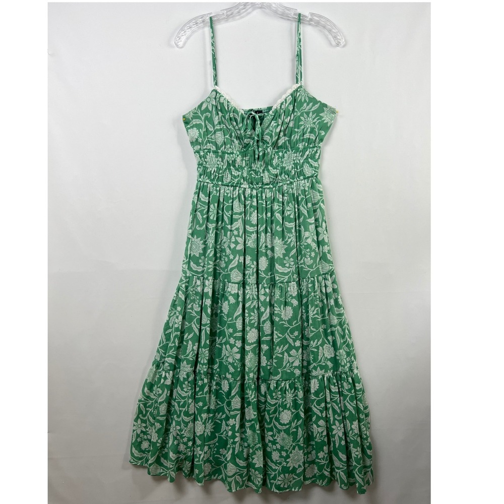 Trixxi Milkmaid Midi Dress Womens Small Floral Green Tiered Smocked Waist